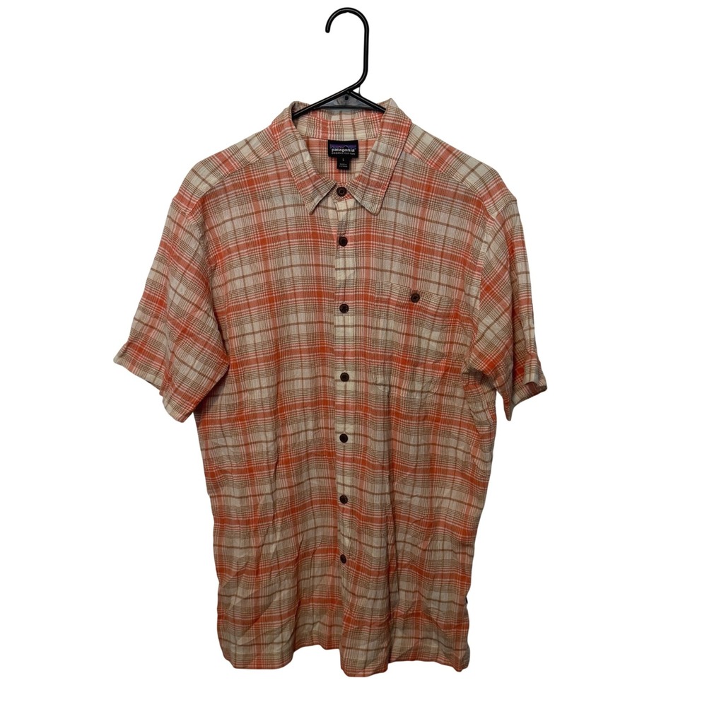 Patagonia A/C Lightweight Shirt Mens Large Orange Beige Plaid Organic Cotton